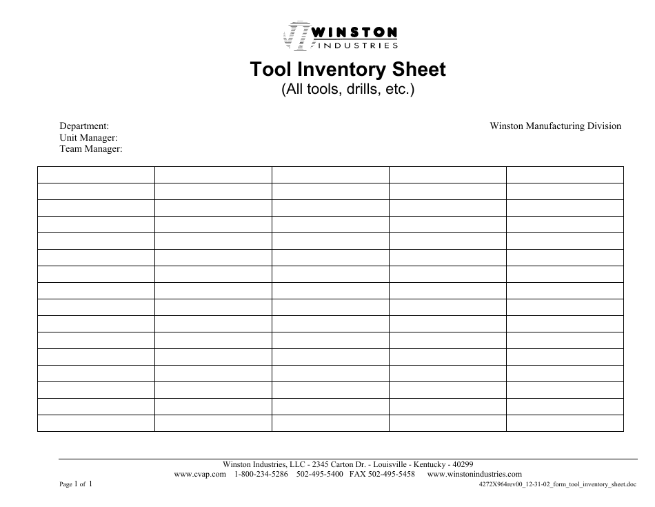 Tool Inventory Spreadsheet Template - Winston Industries