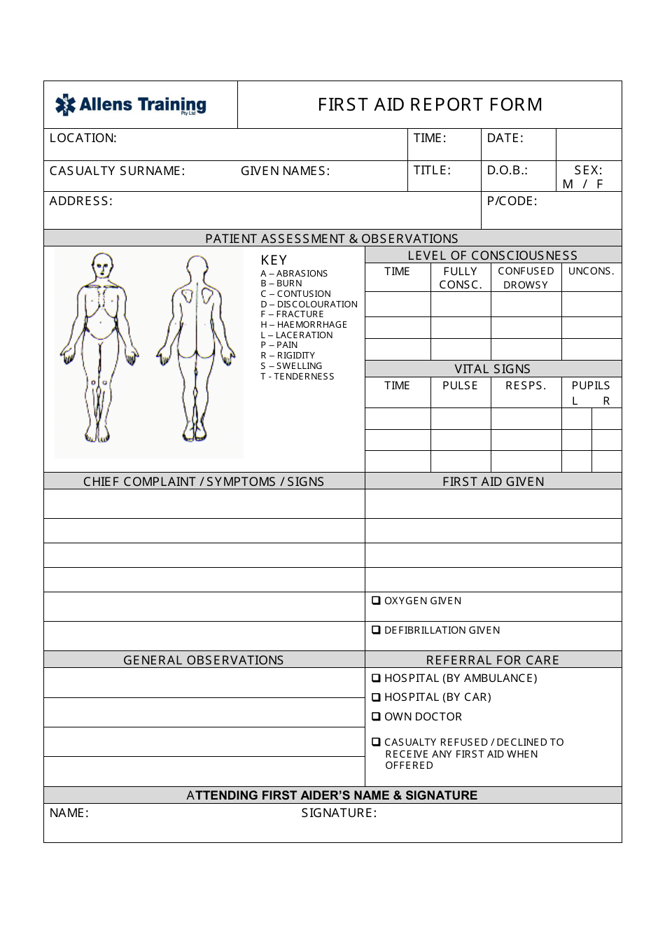 First Aid Report Form - Allens Training Download Printable PDF Within First Aid Incident Report Form Template