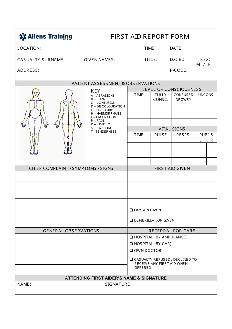 First Aid Report Form - Allens Training, Page 1