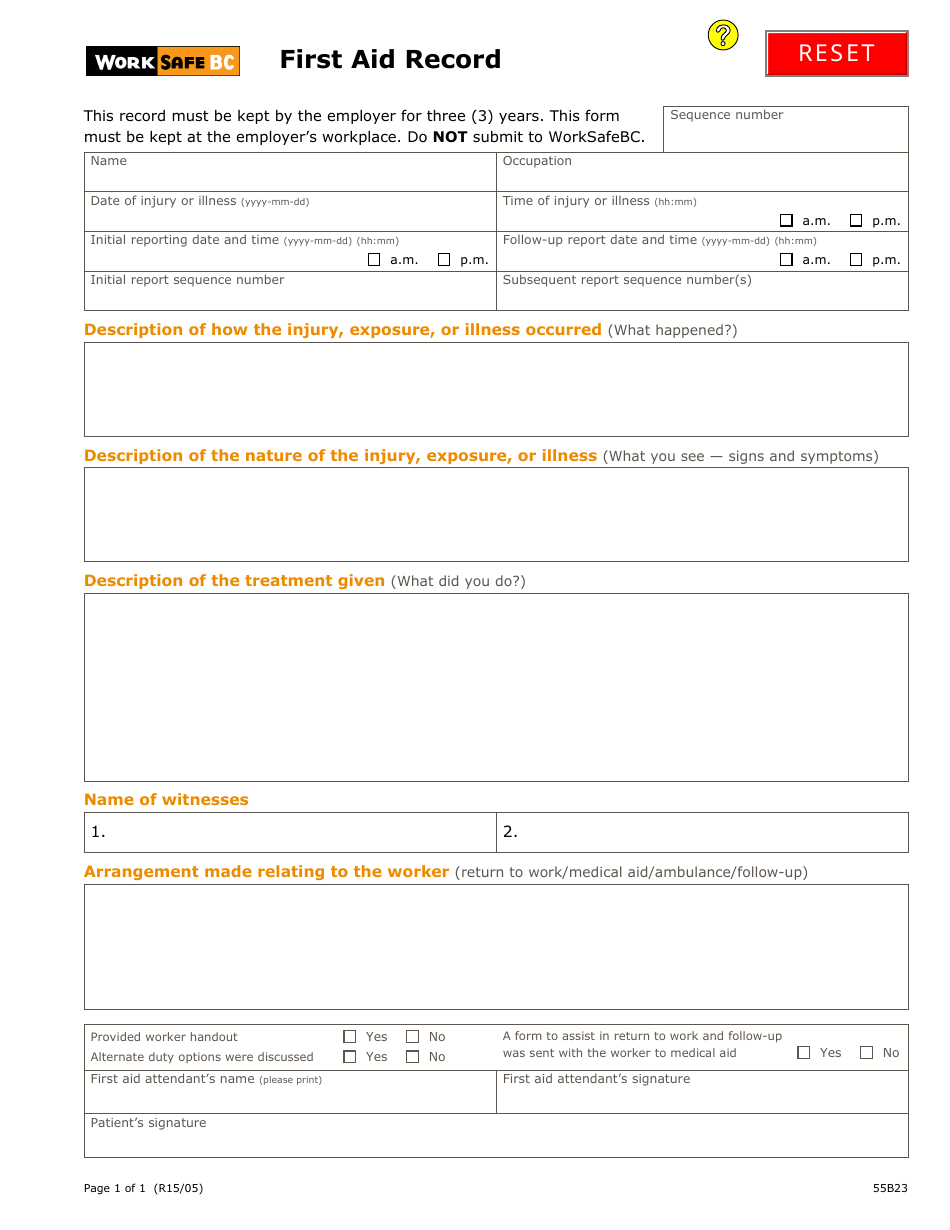 First Aid Record Template - Worksafe BC