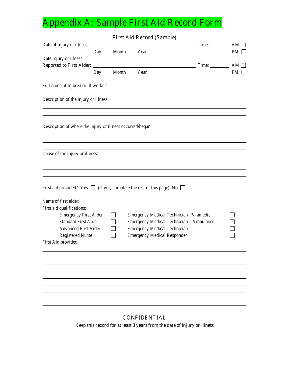 First Aid Record Form, Page 1