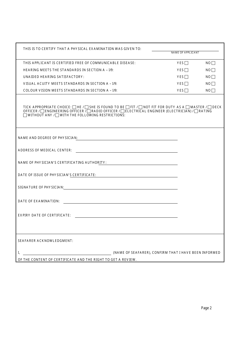 Seafarers Medical Examination Report / Certificate Template, Page 2