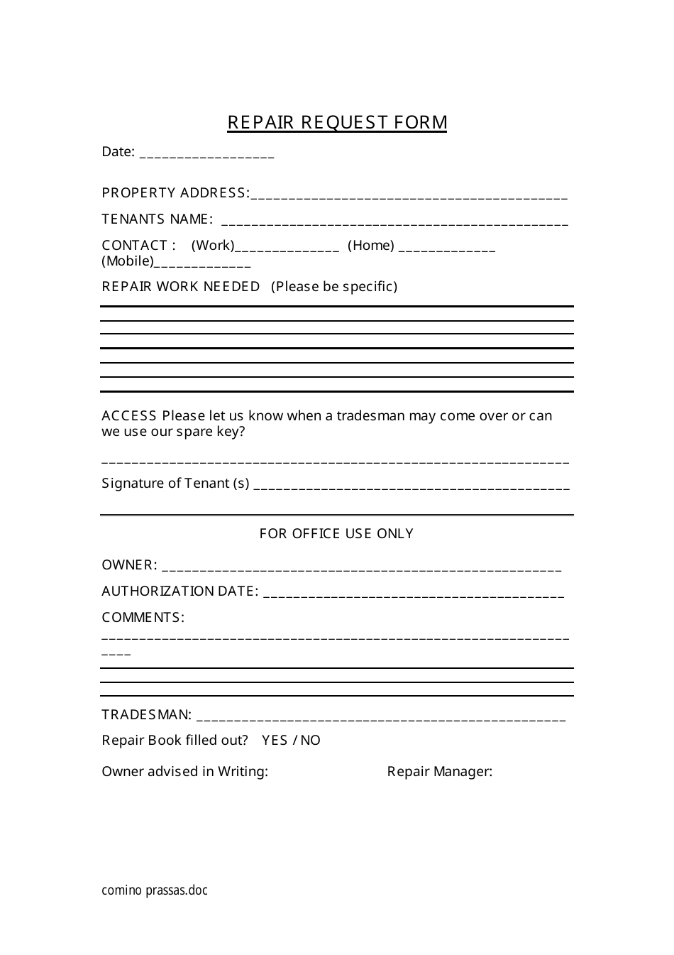 Repair Request Form - Comino Prassas, Page 1
