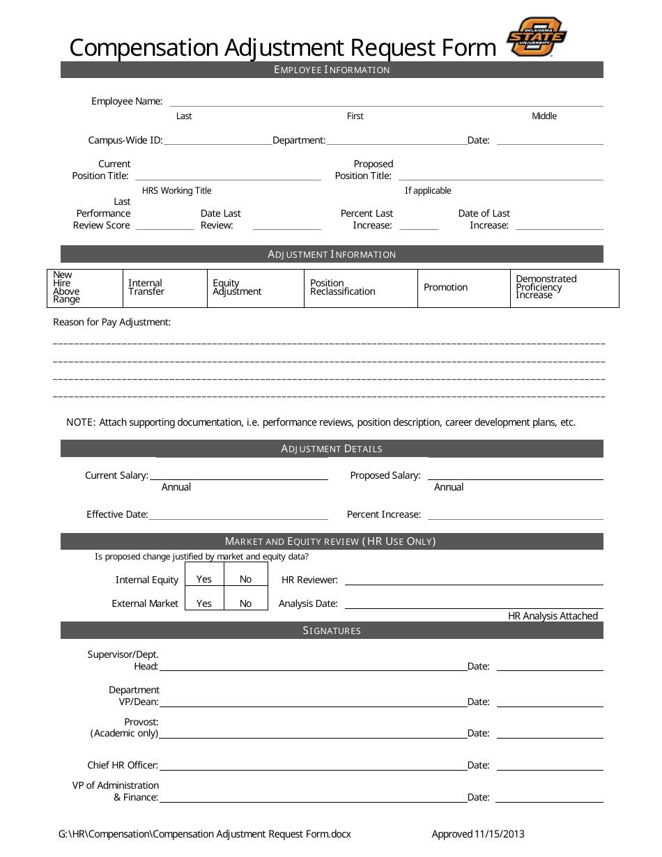 Compensation Adjustment Request Form - Oklahoma State University, Page 1