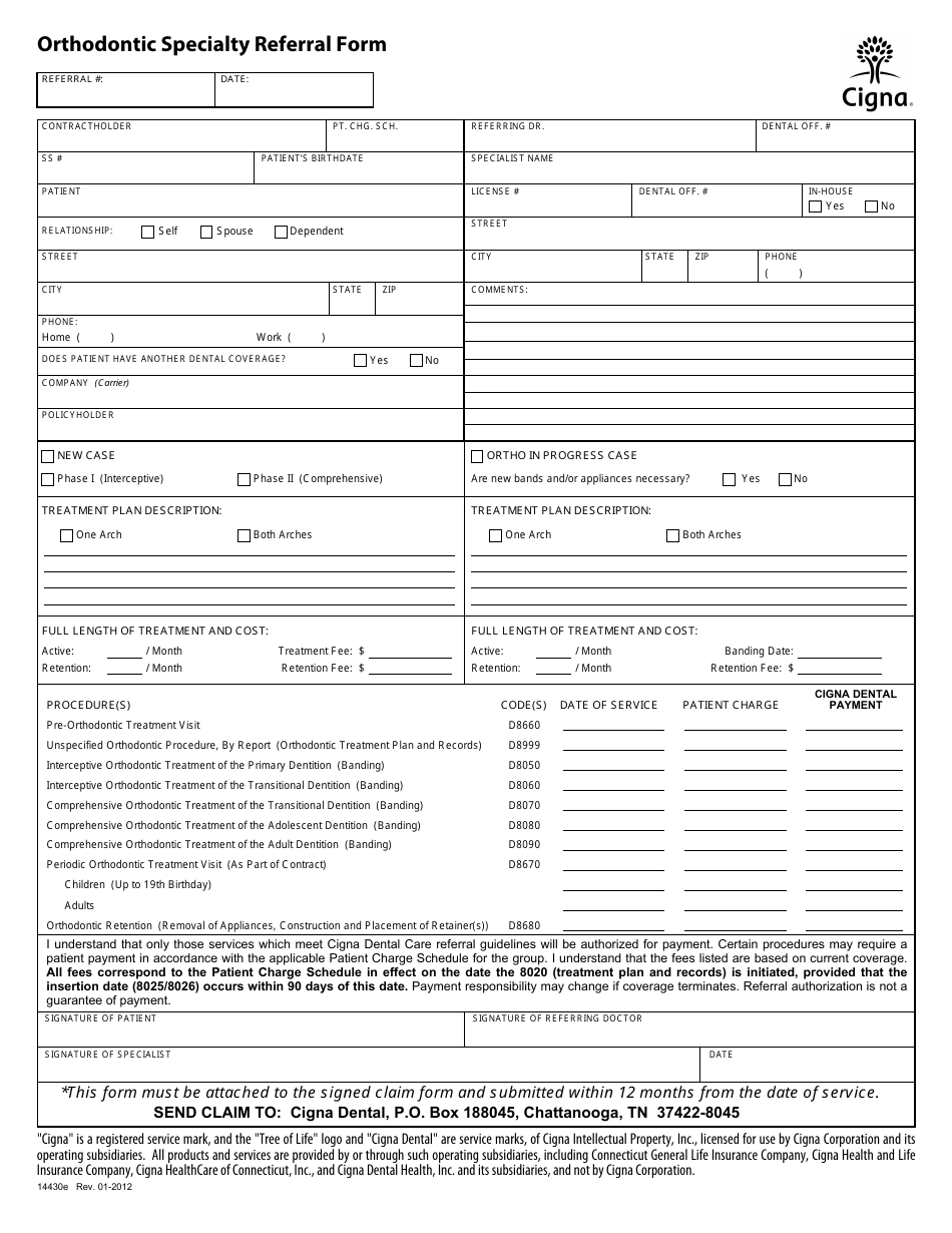 Orthodontic Specialty Referral Form - Cigna, Page 1