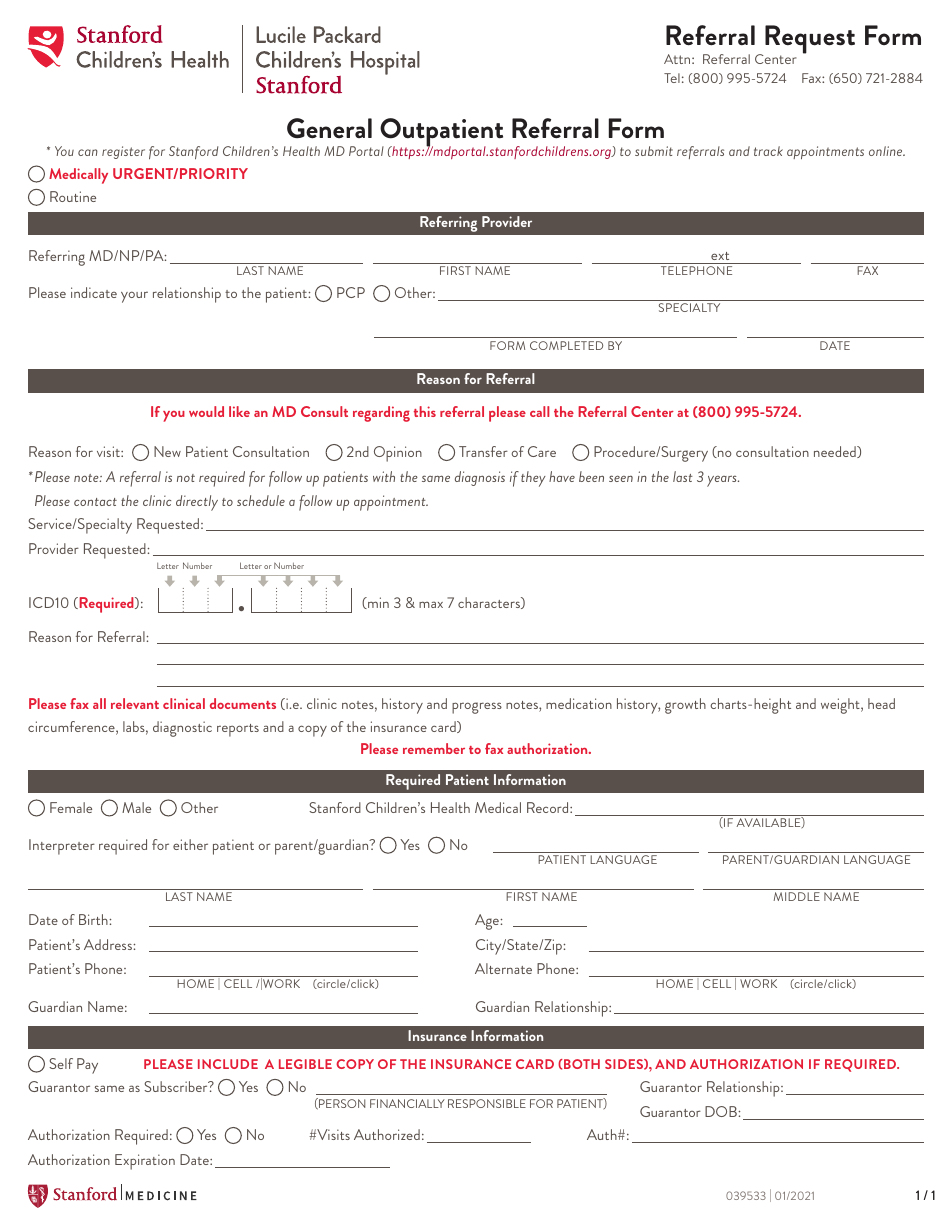 General Outpatient Referral Form - Stanford, Page 1