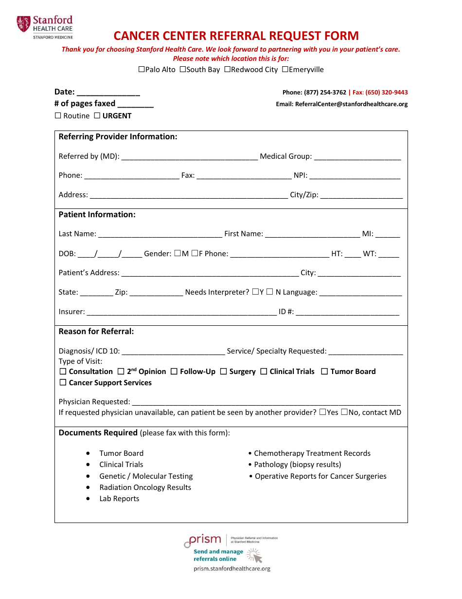 Cancer Center Referral Request Form - Stanford Health Care, Page 1