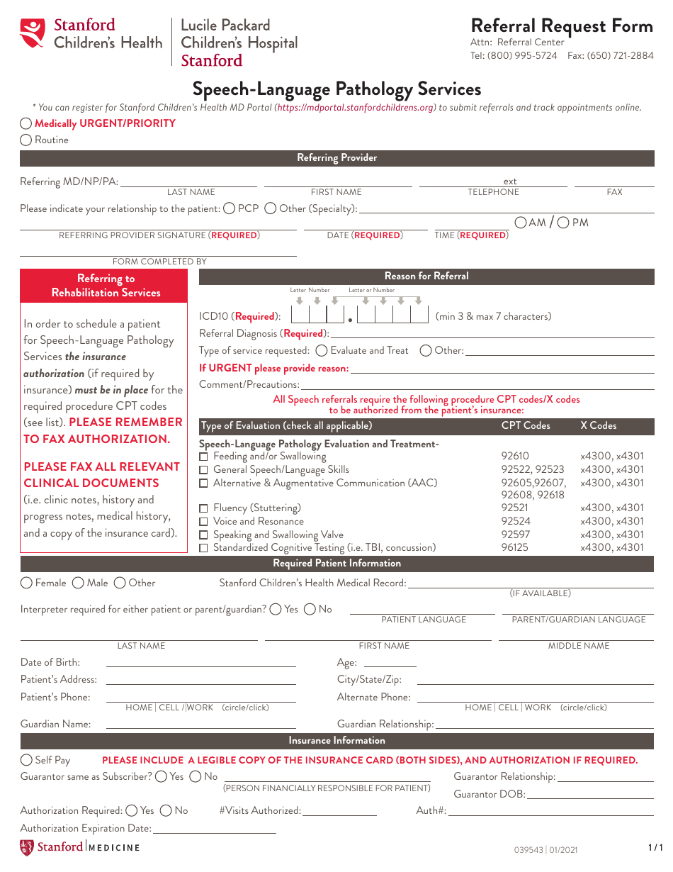 Referral Request Form: Speech-Language Pathology Services - Stanford, Page 1