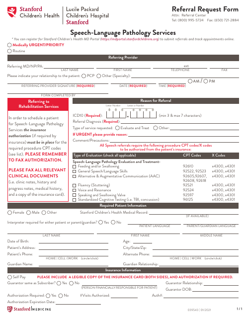 Referral Request Form: Speech-Language Pathology Services - Stanford