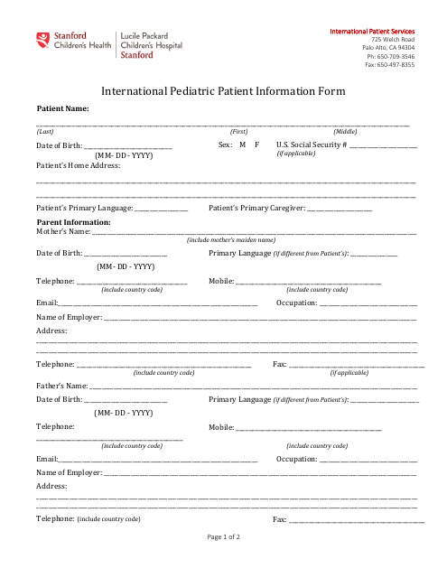 International Pediatric Patient Information Form - Stanford