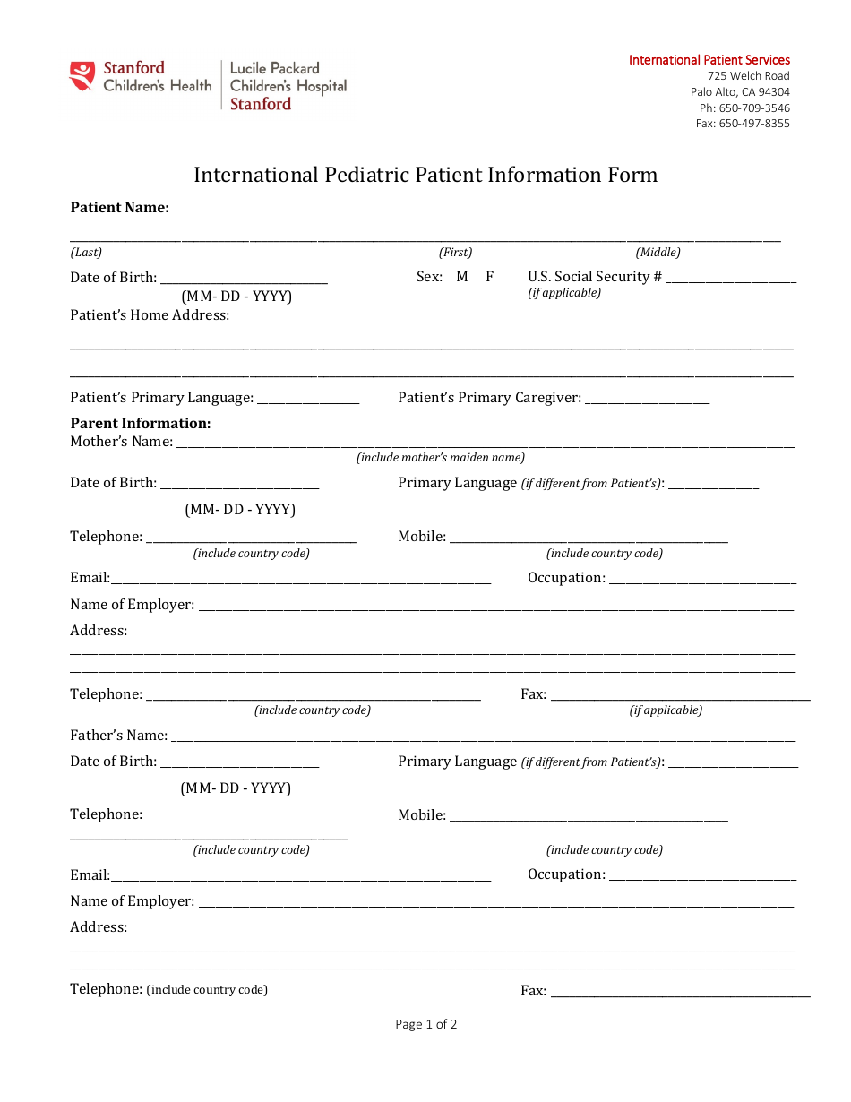 International Pediatric Patient Information Form - Stanford, Page 1