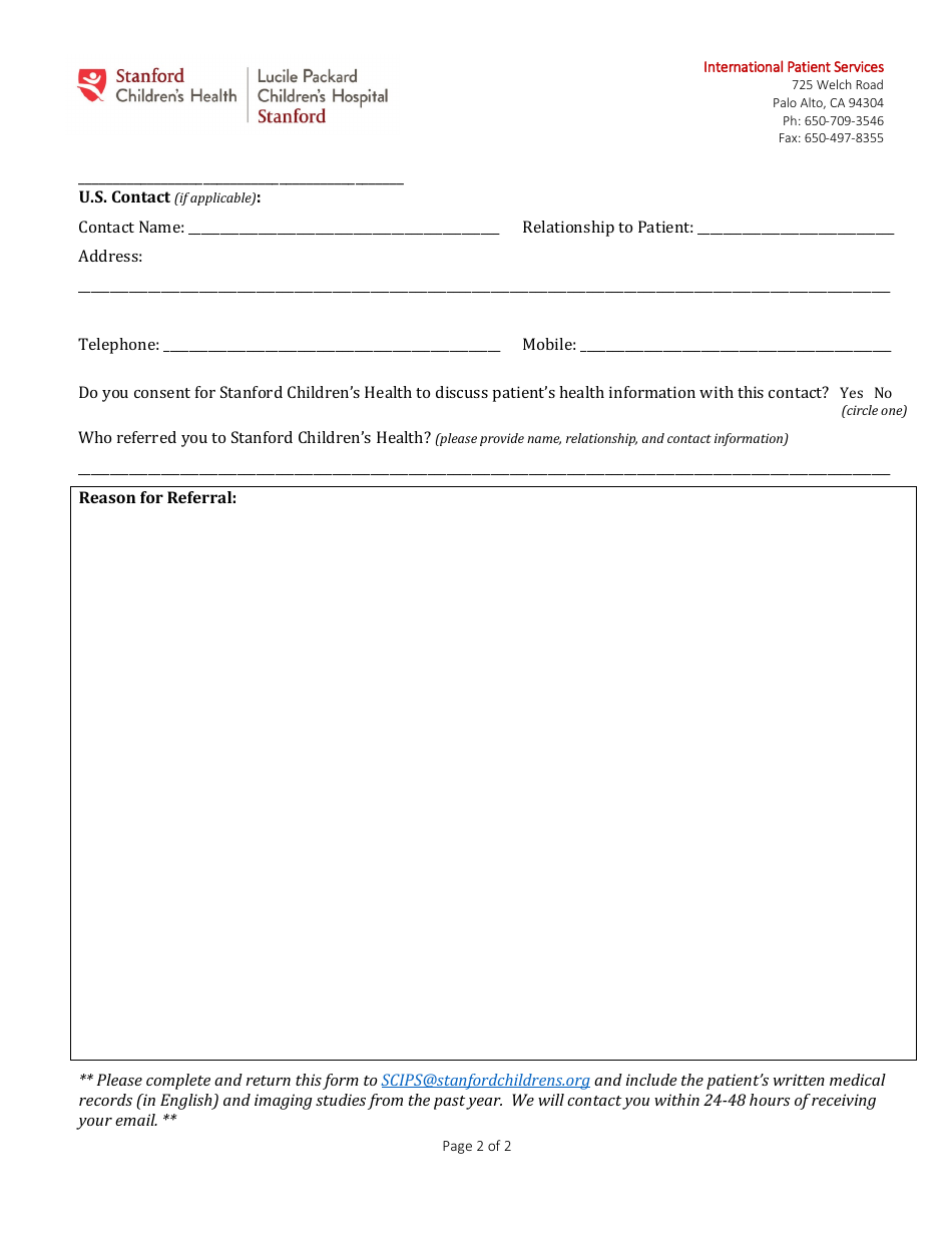 International Pediatric Patient Information Form - Stanford, Page 2