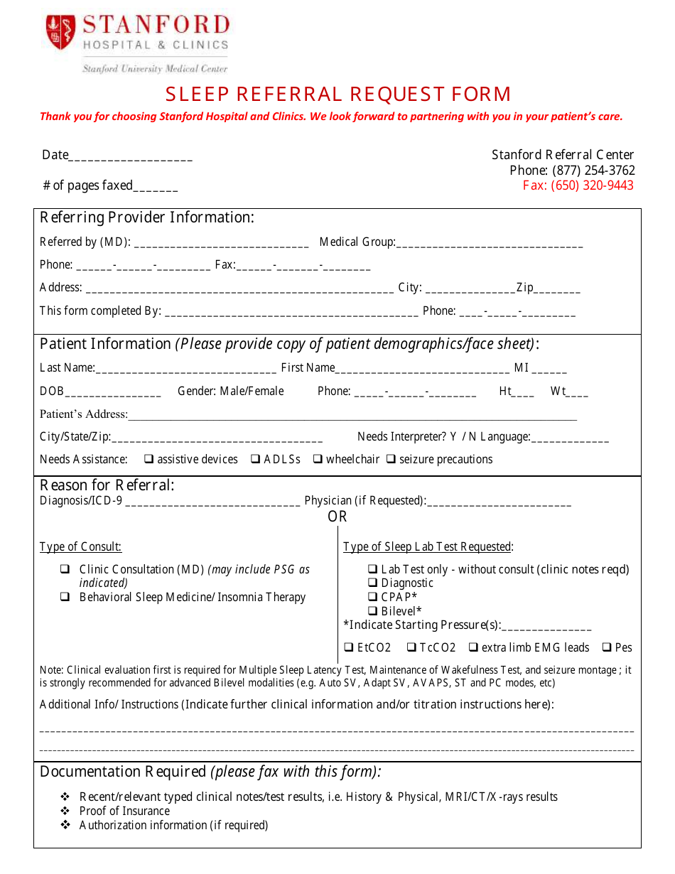 Sleep Referral Request Form - Stanford, Page 1