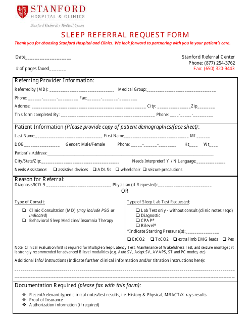 Sleep Referral Request Form - Stanford