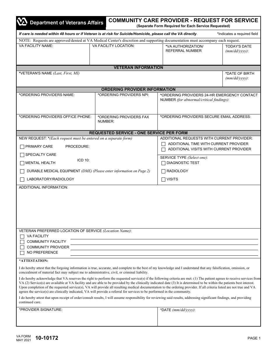 VA Form 10-10172 Community Care Provider - Request for Service, Page 1