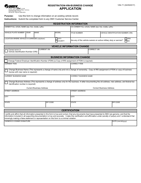 Form VSA71 Registration-Vin-Business Change Application - Virginia