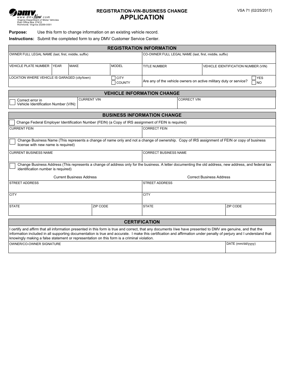 Form VSA71 Registration-Vin-Business Change Application - Virginia, Page 1