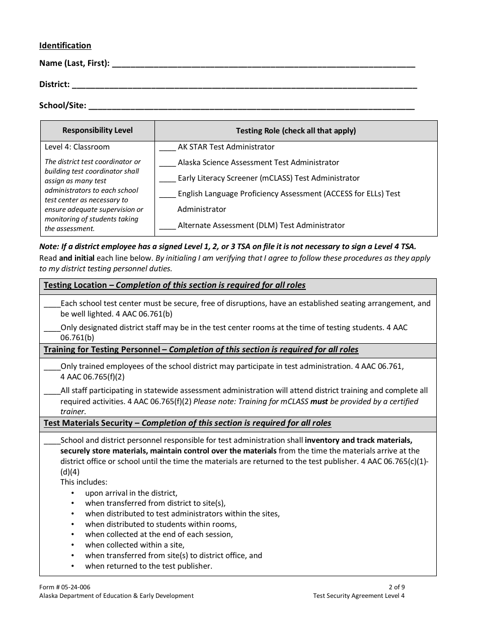 Form 05-24-006 Test Security Agreement Level 4 - Alaska, Page 2