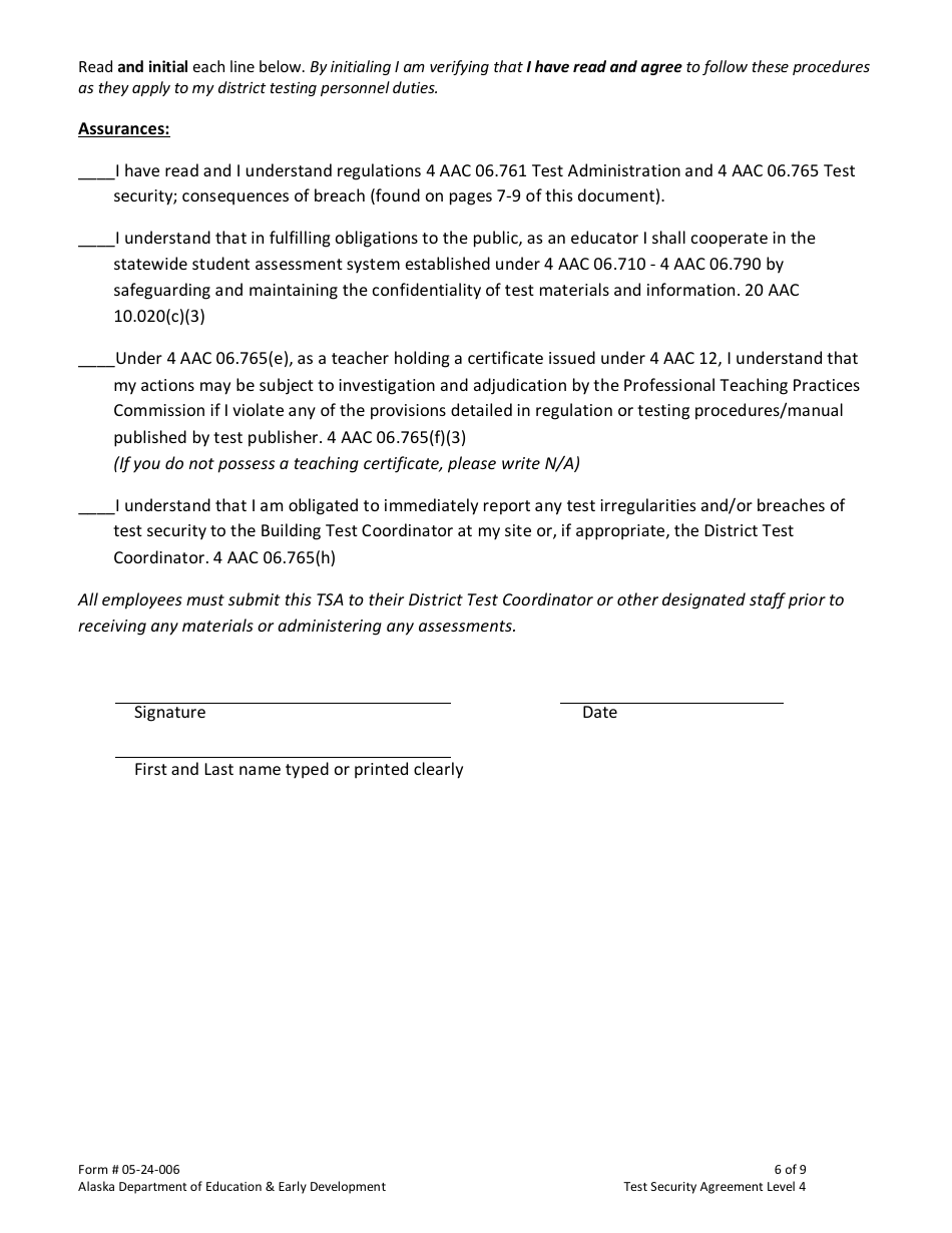 Form 05-24-006 Test Security Agreement Level 4 - Alaska, Page 6