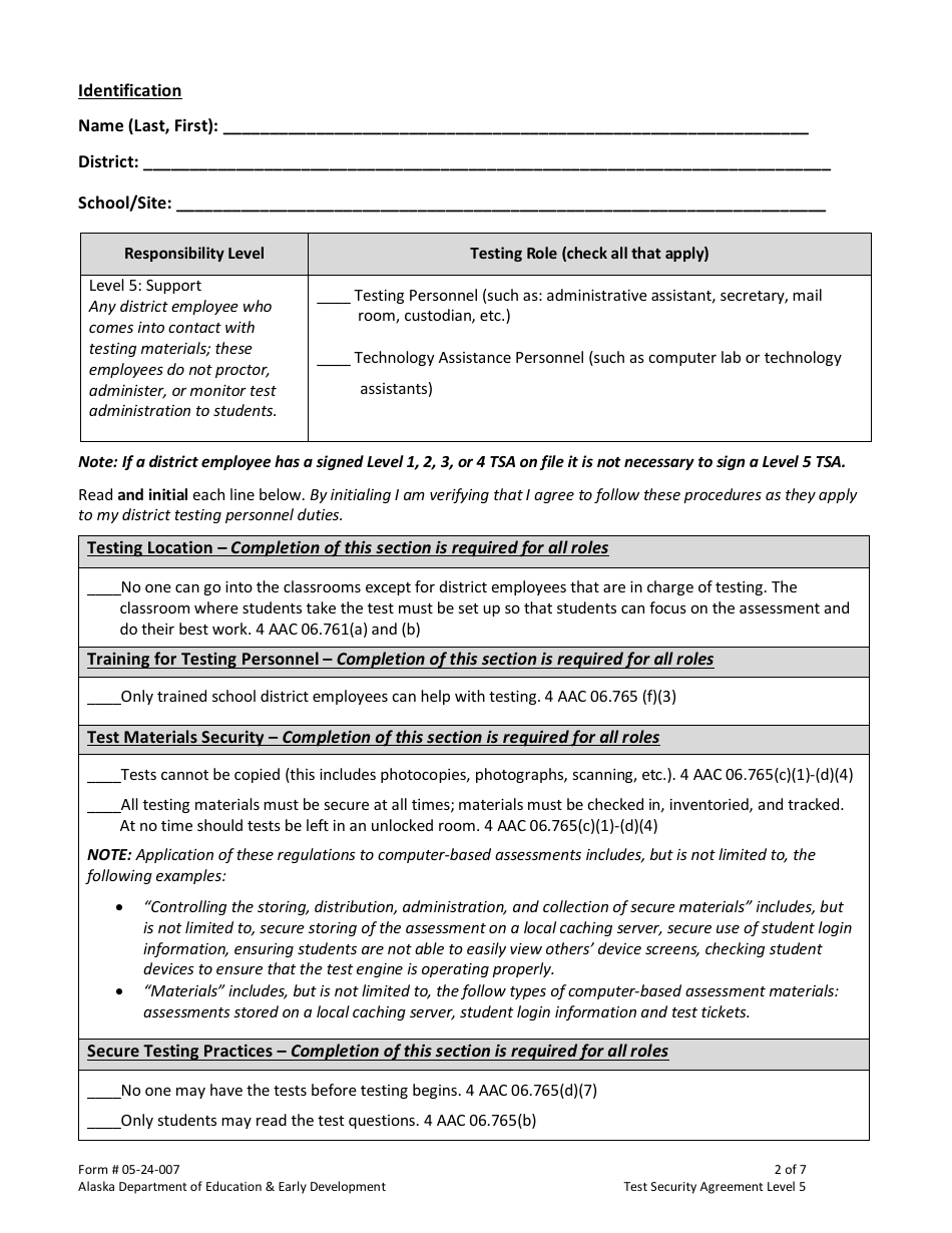 Form 05-24-007 Test Security Agreement Level 5 - Alaska, Page 2