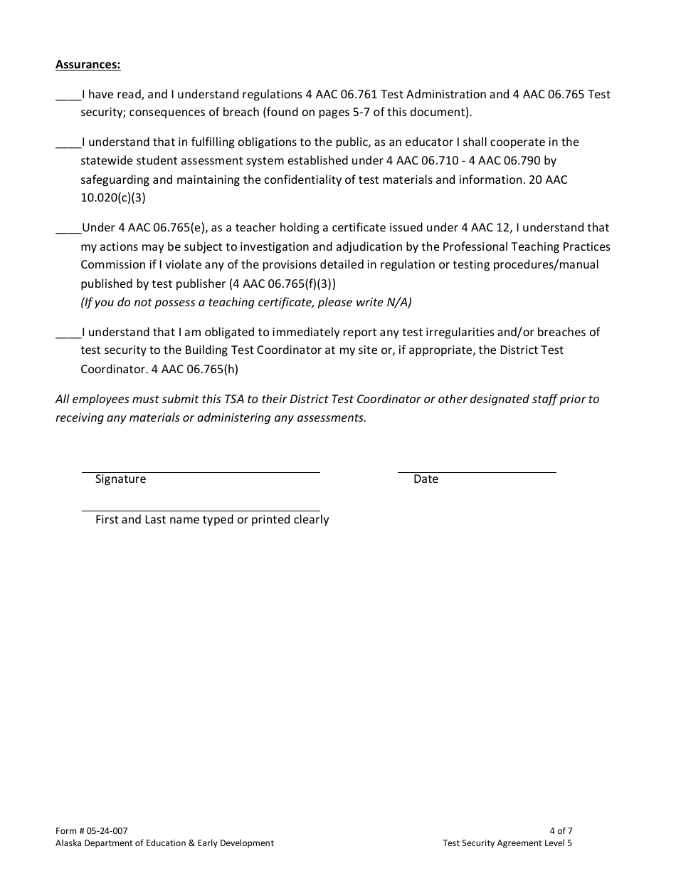Form 05-24-007 Test Security Agreement Level 5 - Alaska, Page 4