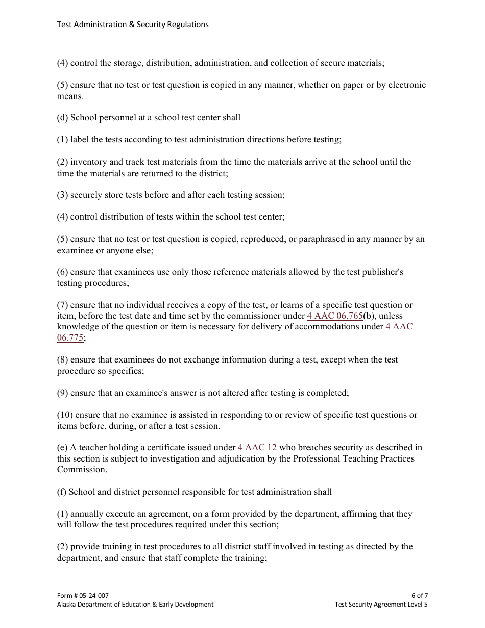 Form 05-24-007 Test Security Agreement Level 5 - Alaska, Page 6