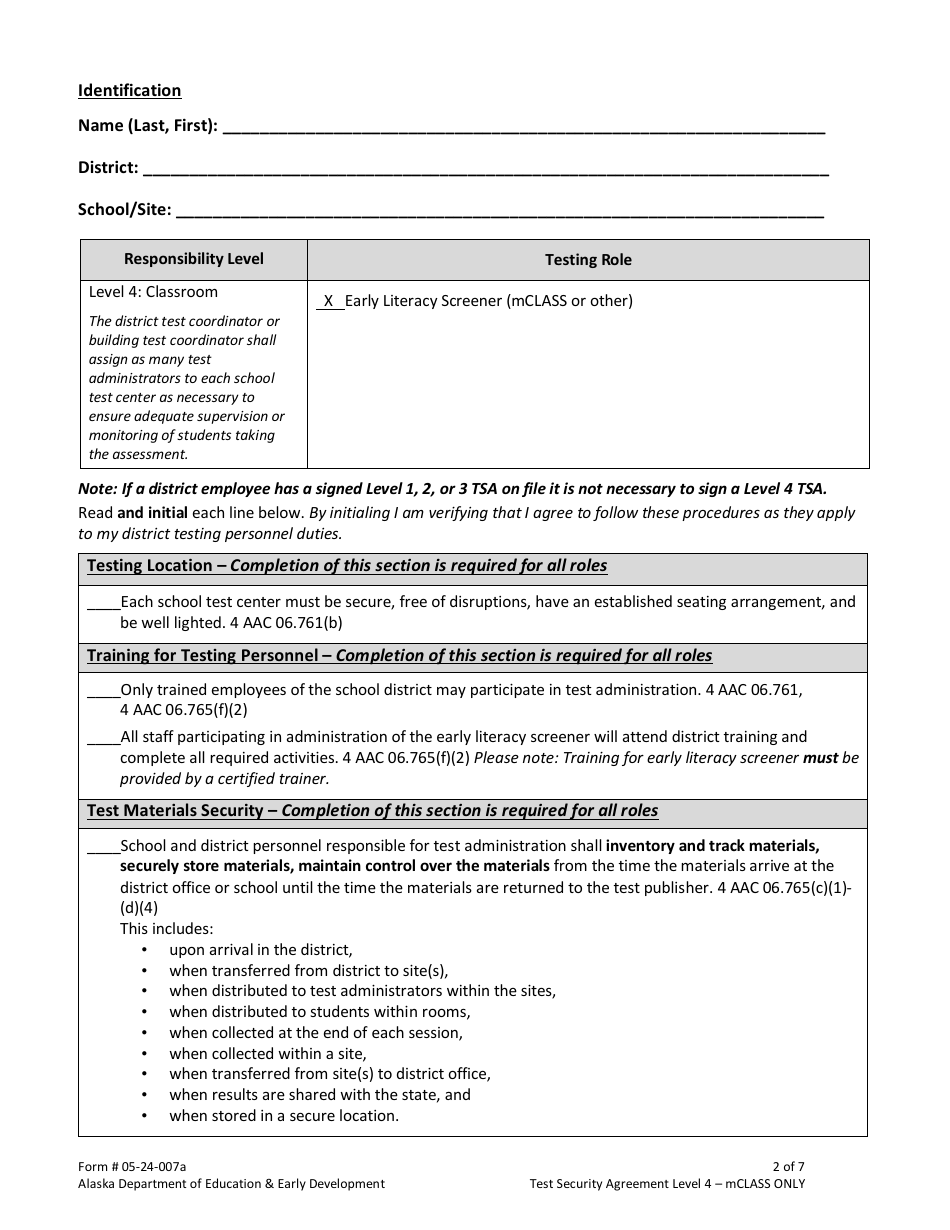 Form 05-24-007A Test Security Agreement Level 4 - Mclass Only - Alaska, Page 2