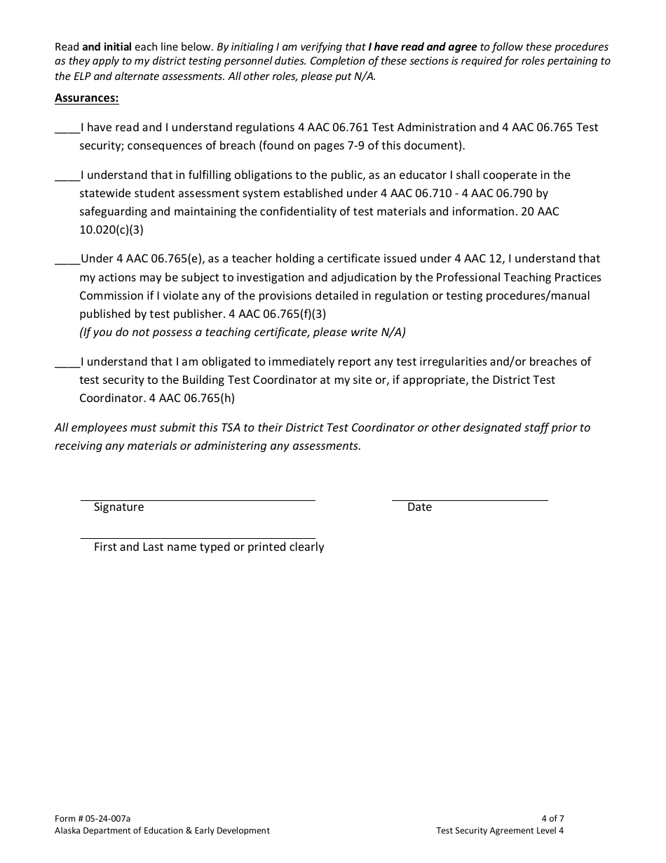 Form 05-24-007A Test Security Agreement Level 4 - Mclass Only - Alaska, Page 4