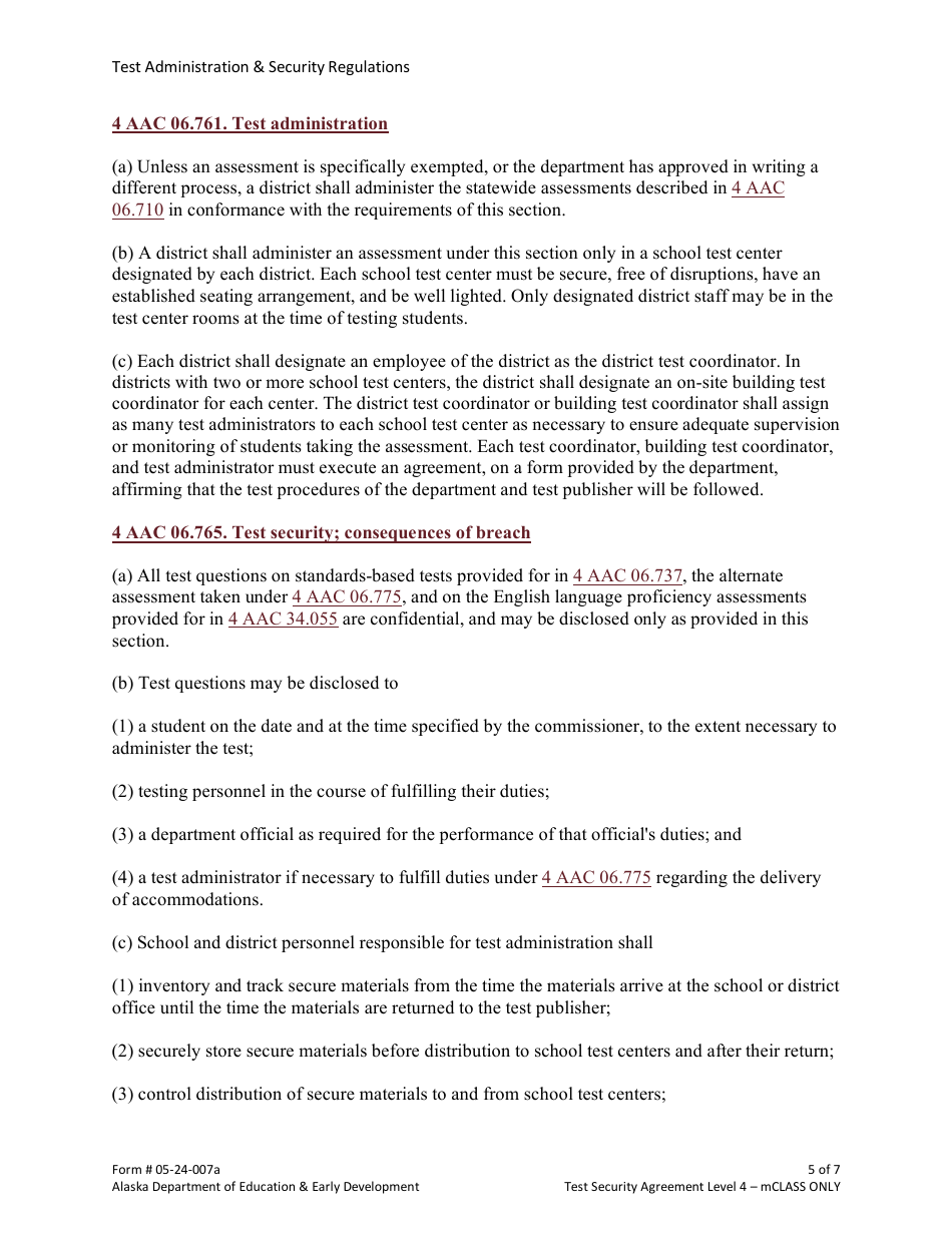 Form 05-24-007A Test Security Agreement Level 4 - Mclass Only - Alaska, Page 5