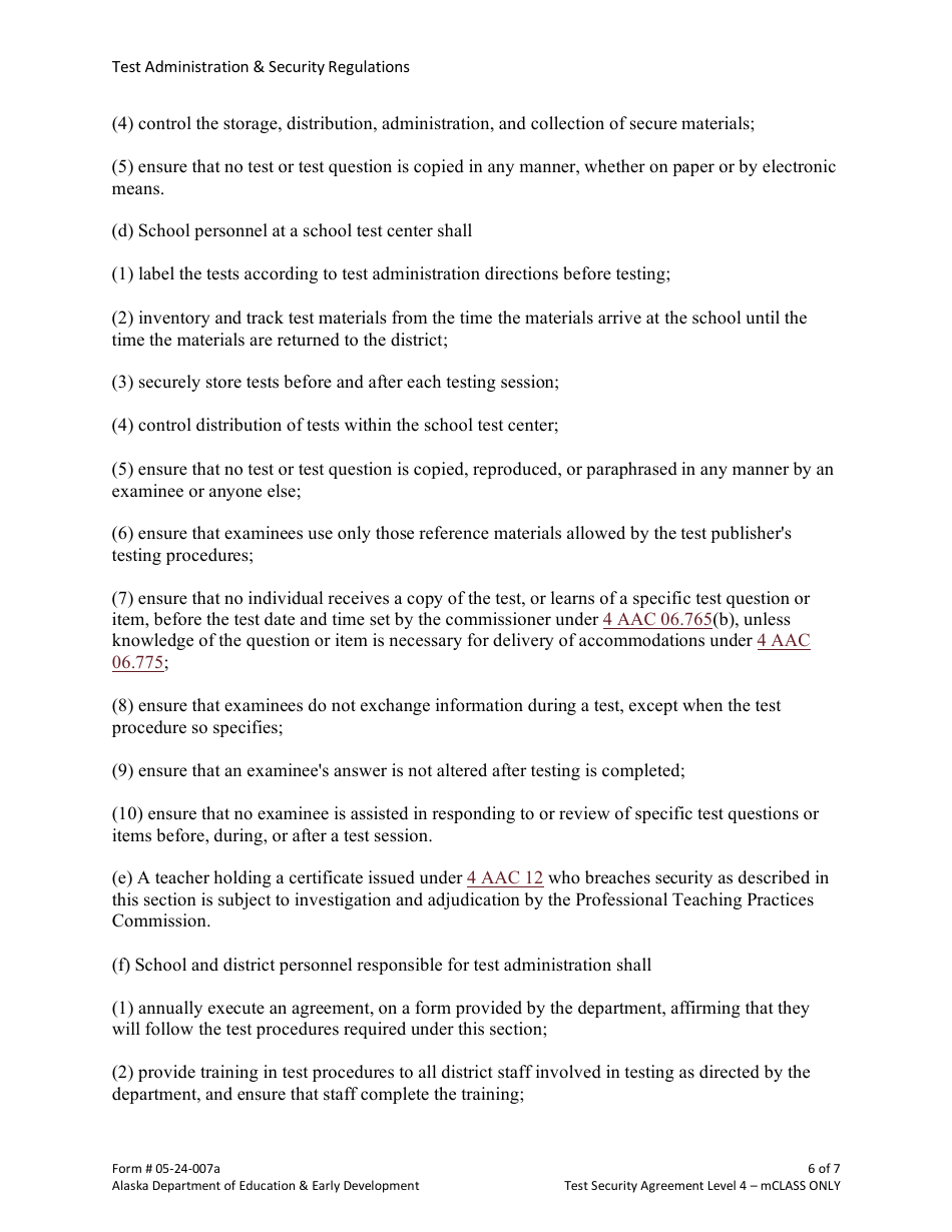 Form 05-24-007A Test Security Agreement Level 4 - Mclass Only - Alaska, Page 6