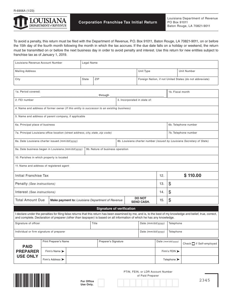 Form R-6906A Corporation Franchise Tax Initial Return - Louisiana, Page 1