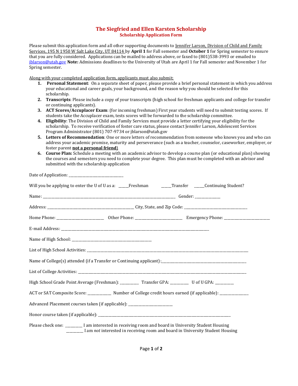 Siegfried and Ellen Karsten Scholarship Application Form - Utah, Page 1