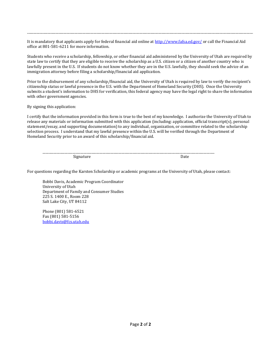 Siegfried and Ellen Karsten Scholarship Application Form - Utah, Page 2
