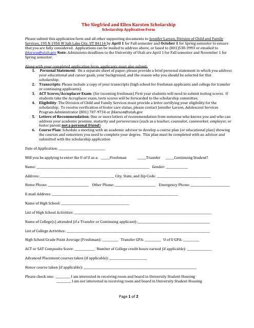 Siegfried and Ellen Karsten Scholarship Application Form - Utah
