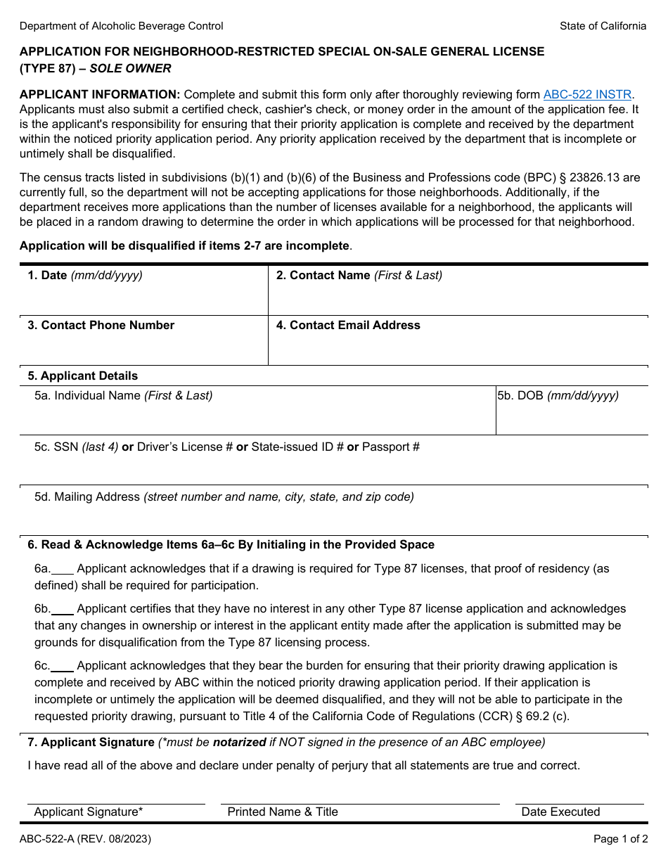 Form ABC-522-A Application for Neighborhood-Restricted Special on-Sale General License (Type 87) - Sole Owner - California, Page 1