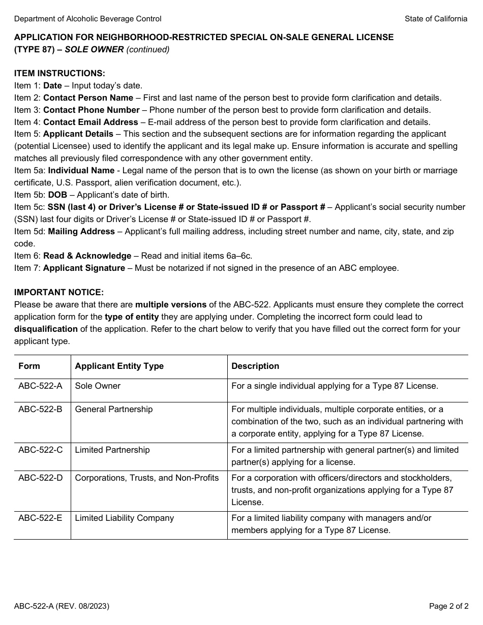 Form ABC-522-A Application for Neighborhood-Restricted Special on-Sale General License (Type 87) - Sole Owner - California, Page 2