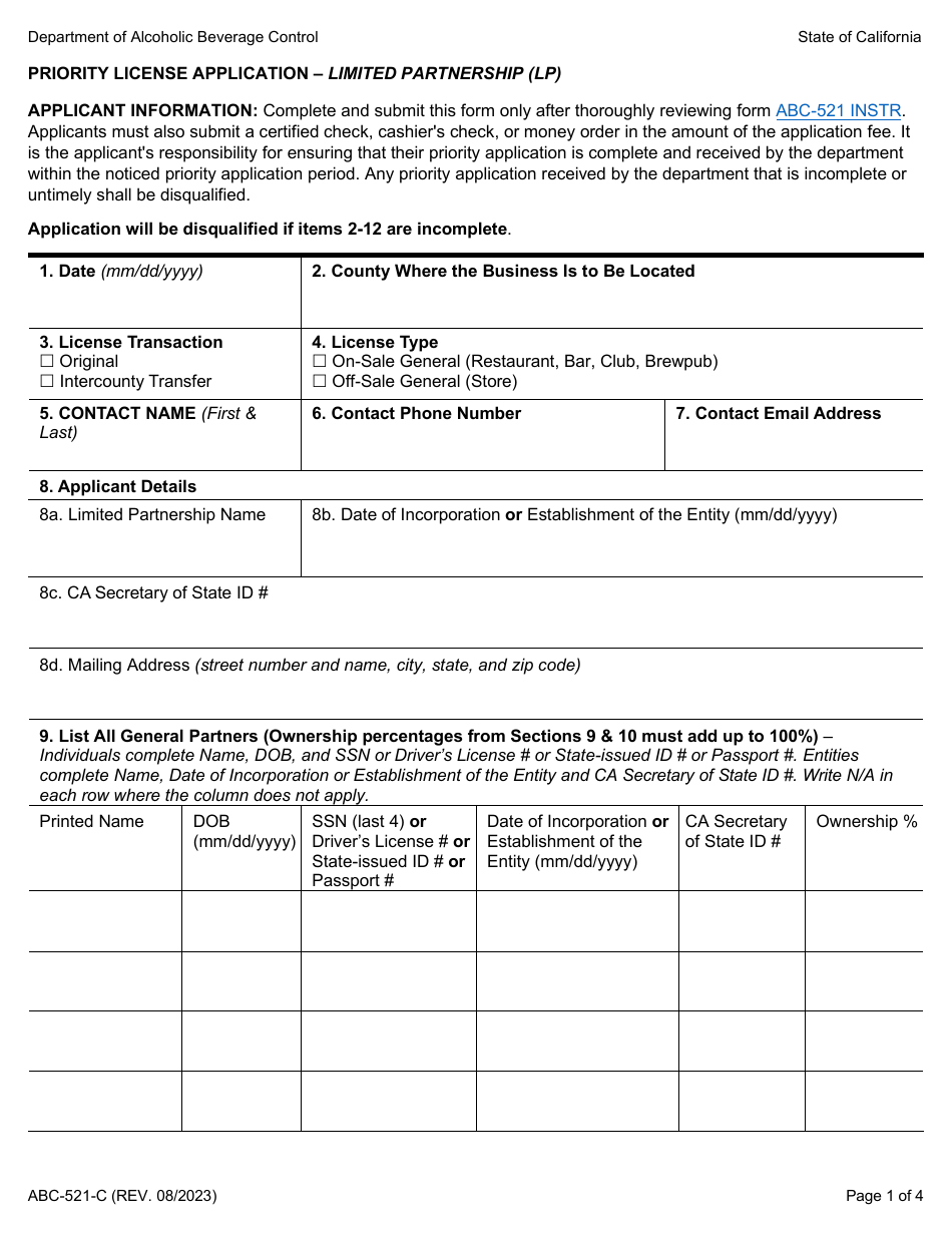 Form ABC-521-C Priority License Application - Limited Partnership (Lp) - California, Page 1