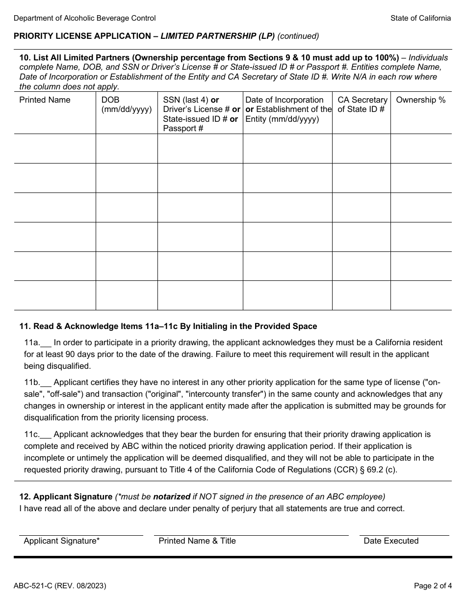 Form ABC-521-C Priority License Application - Limited Partnership (Lp) - California, Page 2