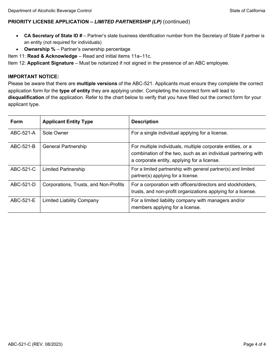 Form ABC-521-C Priority License Application - Limited Partnership (Lp) - California, Page 4