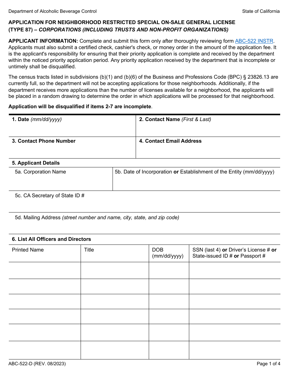 Form ABC-522-D Application for Neighborhood Restricted Special on-Sale General License (Type 87) - Corporations (Including Trusts and Non-profit Organizations) - California, Page 1