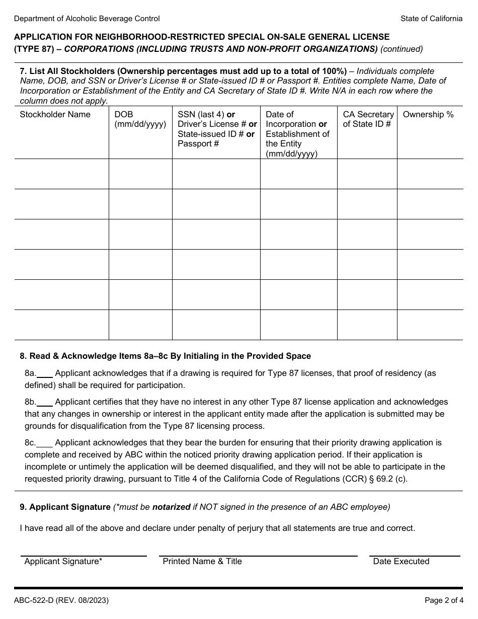 Form ABC-522-D Application for Neighborhood Restricted Special on-Sale General License (Type 87) - Corporations (Including Trusts and Non-profit Organizations) - California, Page 2