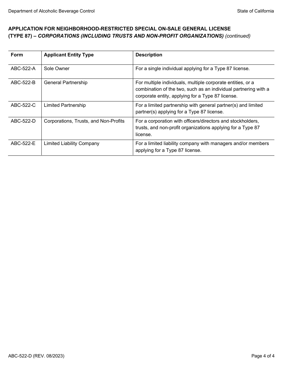 Form ABC-522-D Application for Neighborhood Restricted Special on-Sale General License (Type 87) - Corporations (Including Trusts and Non-profit Organizations) - California, Page 4
