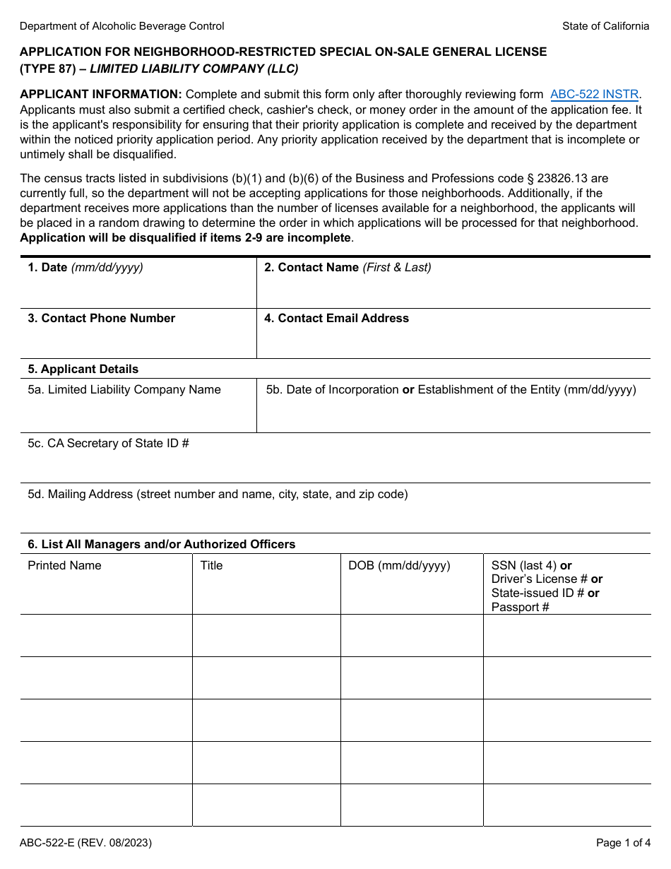 Form ABC-522-E Application for Neighborhood-Restricted Special on-Sale General License (Type 87) - Limited Liability Company (LLC) - California, Page 1