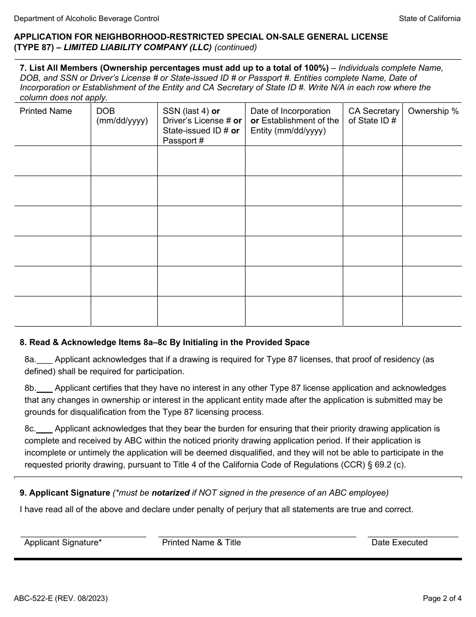 Form Abc 522 E Download Fillable Pdf Or Fill Online Application For Neighborhood Restricted 2926