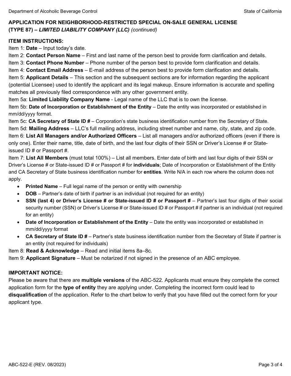 Form ABC-522-E Application for Neighborhood-Restricted Special on-Sale General License (Type 87) - Limited Liability Company (LLC) - California, Page 3