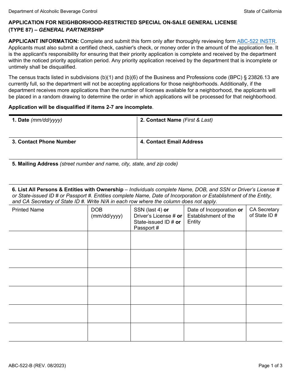 Form ABC-522-B Application for Neighborhood-Restricted Special on-Sale General License (Type 87) - General Partnership - California, Page 1