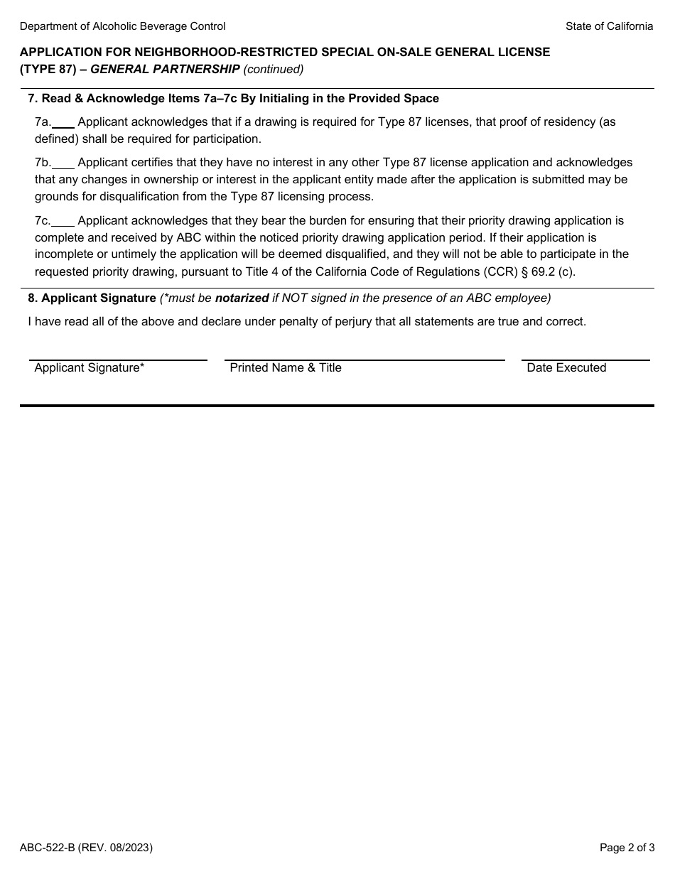 Form ABC-522-B Application for Neighborhood-Restricted Special on-Sale General License (Type 87) - General Partnership - California, Page 2