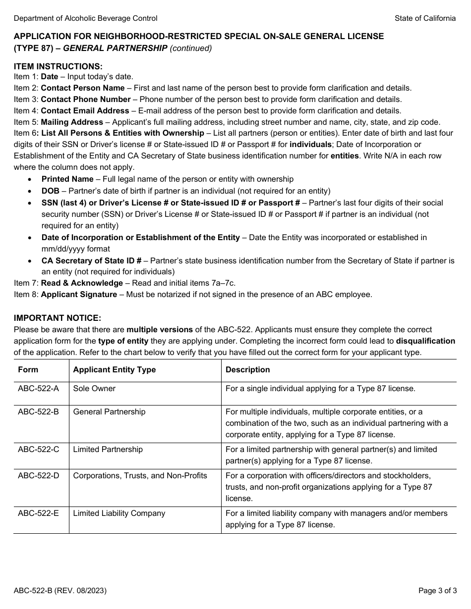 Form ABC-522-B Application for Neighborhood-Restricted Special on-Sale General License (Type 87) - General Partnership - California, Page 3