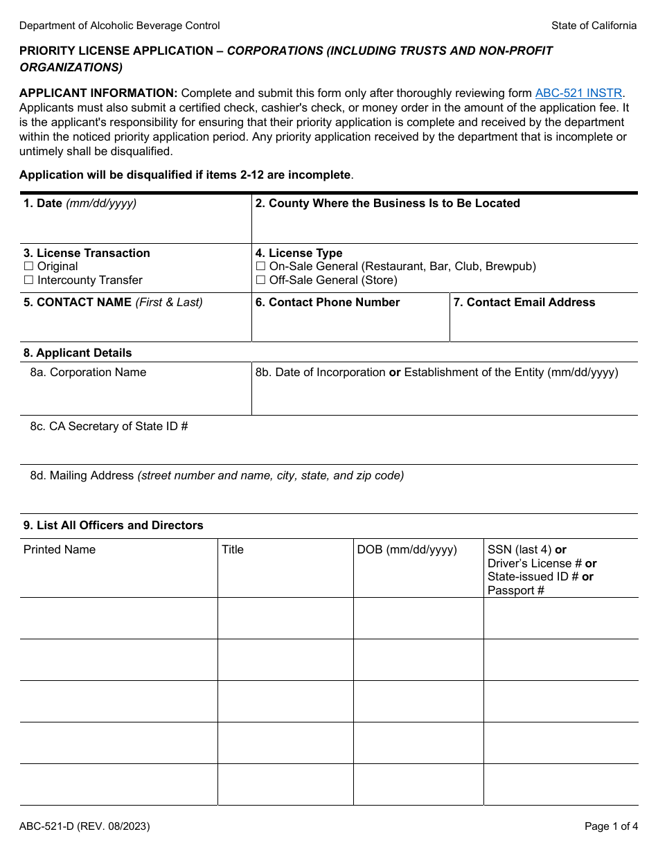 Form ABC-521-D Priority License Application - Corporations (Including Trusts and Non-profit Organizations) - California, Page 1