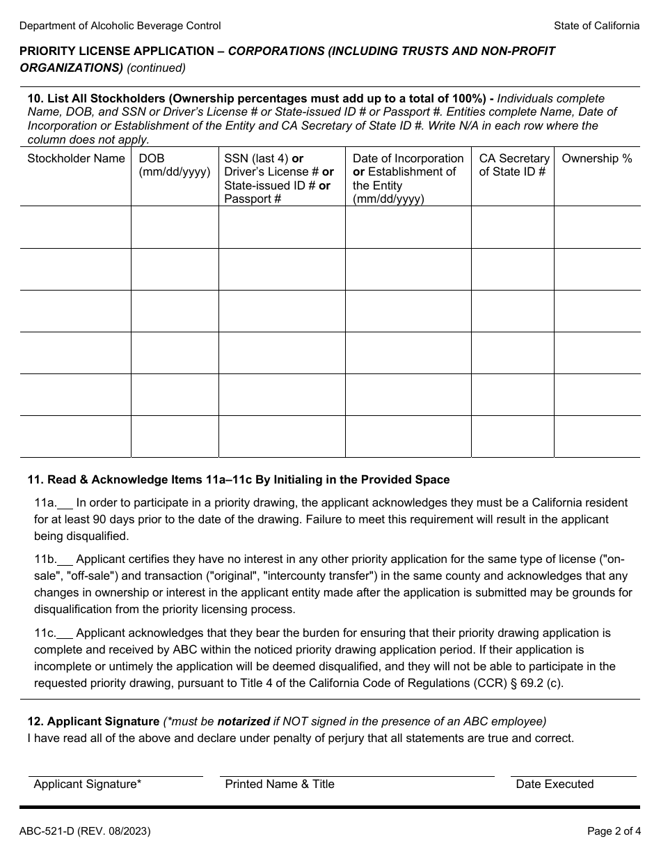 Form ABC-521-D Priority License Application - Corporations (Including Trusts and Non-profit Organizations) - California, Page 2